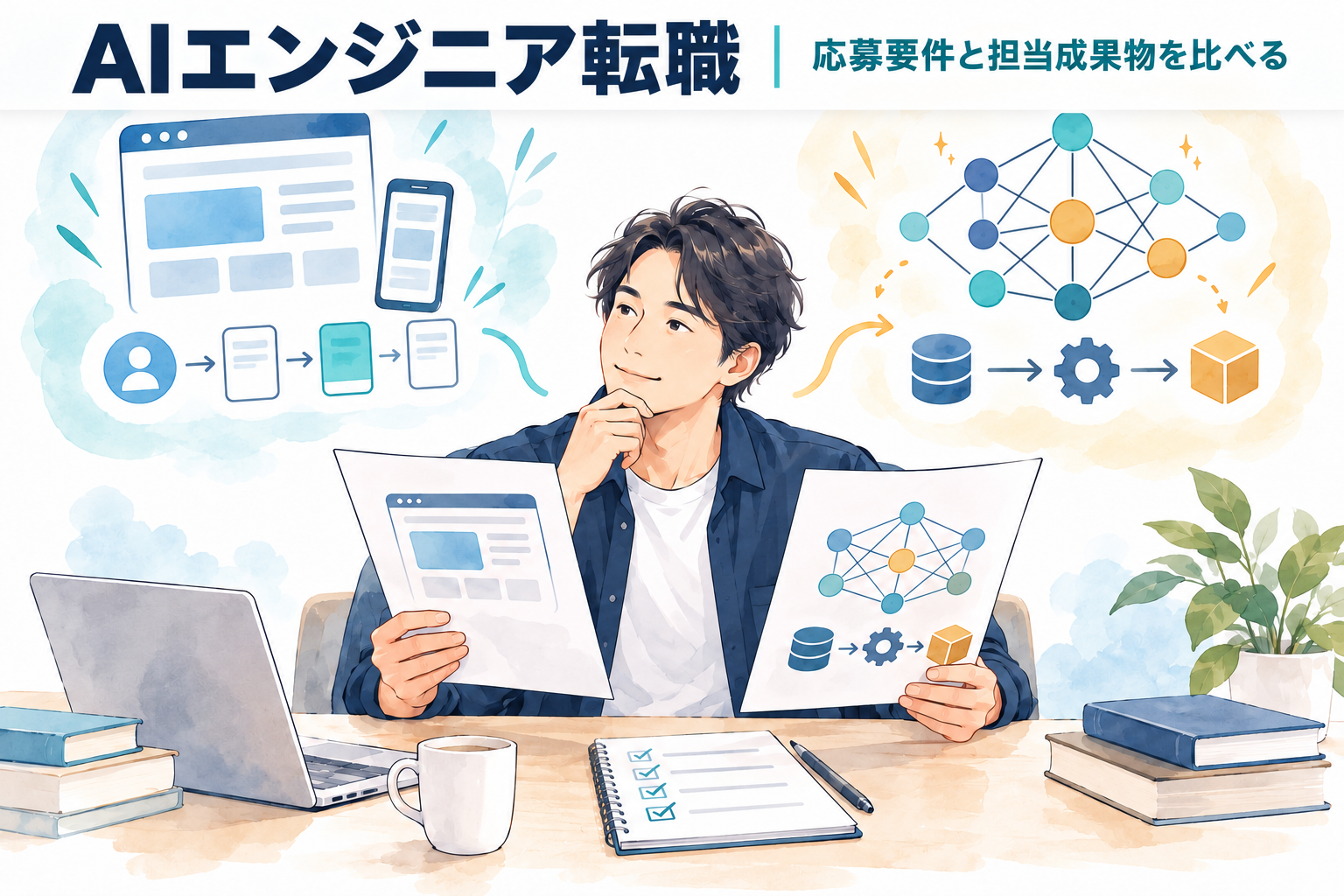 AIエンジニア転職の求人票を比べるエンジニア。Webアプリの画面、モデルのネットワーク図、担当成果物の確認表が描かれている。