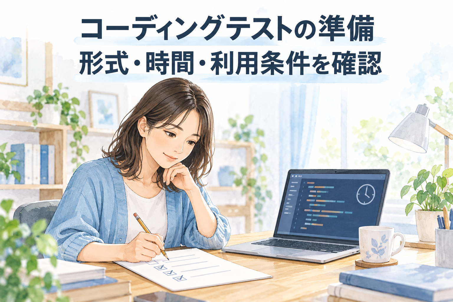 エンジニア転職のコーディングテストに備え、ノートPCと案内の確認表を見比べるエンジニア。