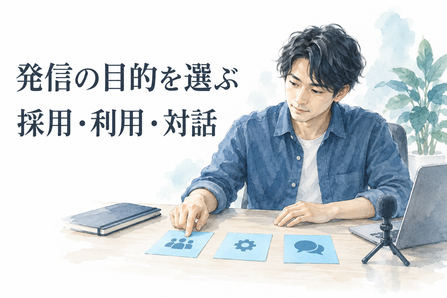 「発信の目的を選ぶ」「採用・利用・対話」の文字と、PCとマイクの横でカードを整理する男性を描いた、エンジニアのDevRel転職の水彩イラスト。
