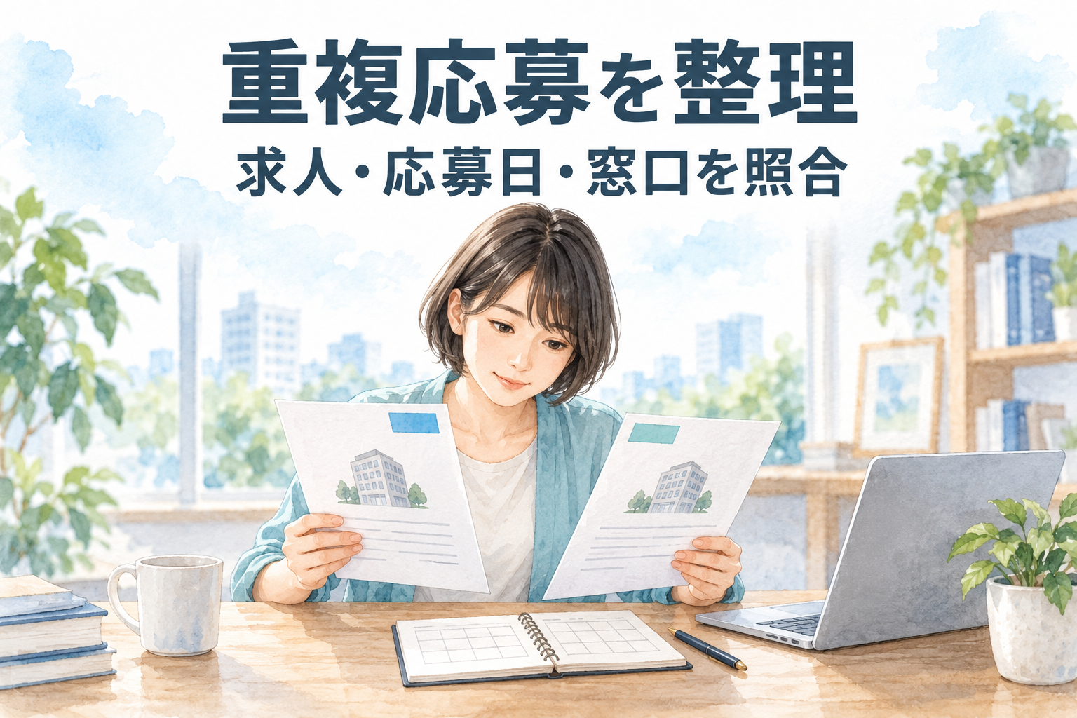 エンジニア転職の重複応募を整理するため、二つの求人書類と応募日・窓口のメモを照合する女性の水彩イラスト。