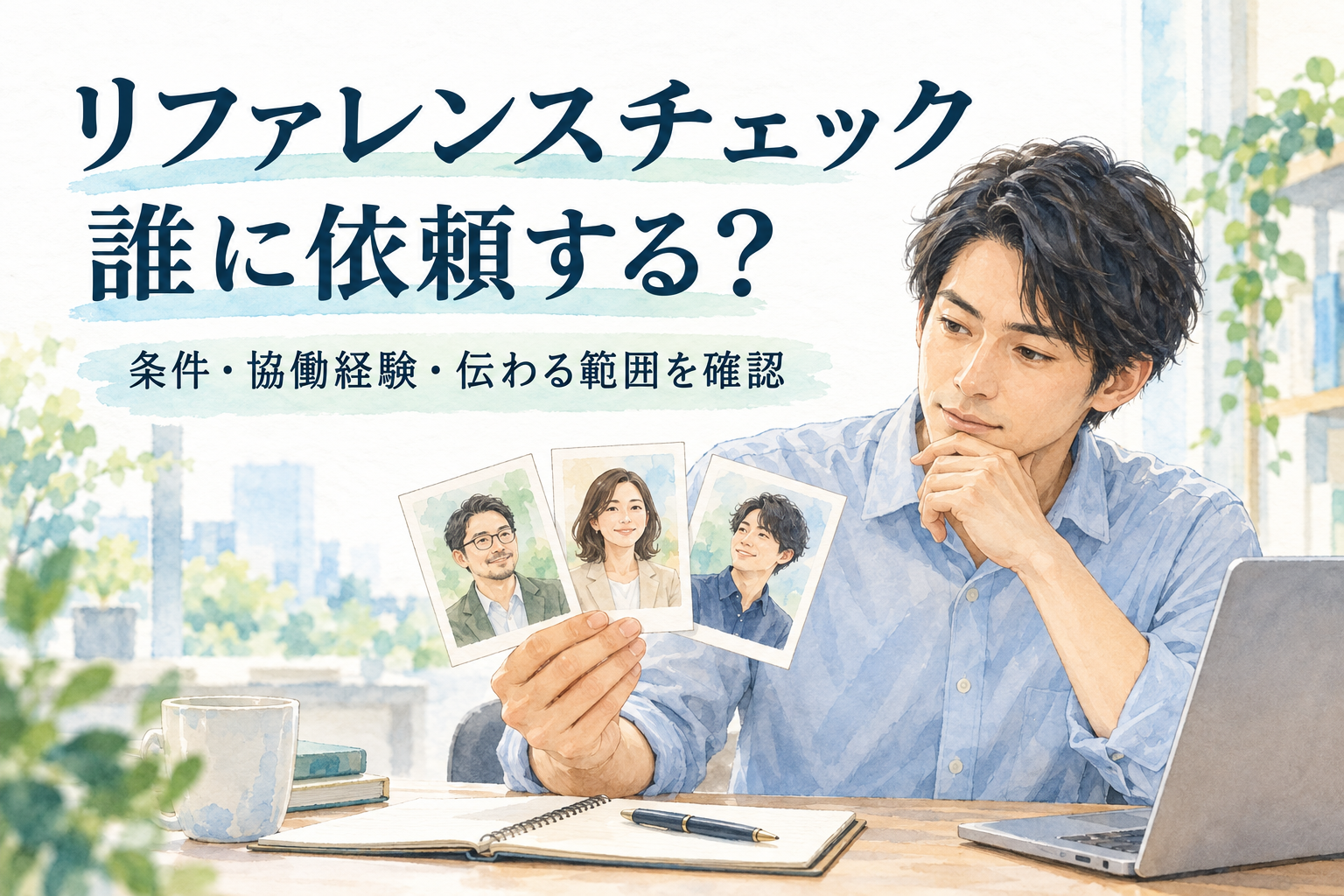 エンジニア転職のリファレンスチェックで依頼先を考え、同僚や元上司を表すカードと確認メモを見比べるエンジニアのイラスト。