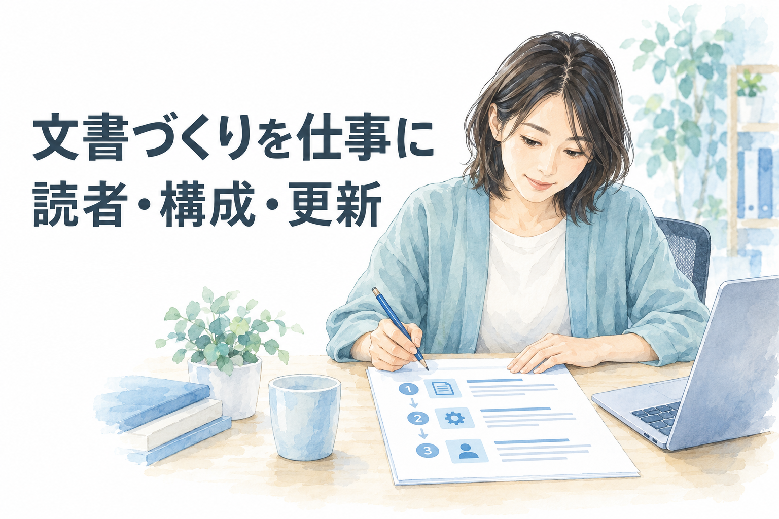 「文書づくりを仕事に」「読者・構成・更新」の文字と、PCの横で手順図を確認する女性を描いた、エンジニアのテクニカルライター転職の水彩イラスト。
