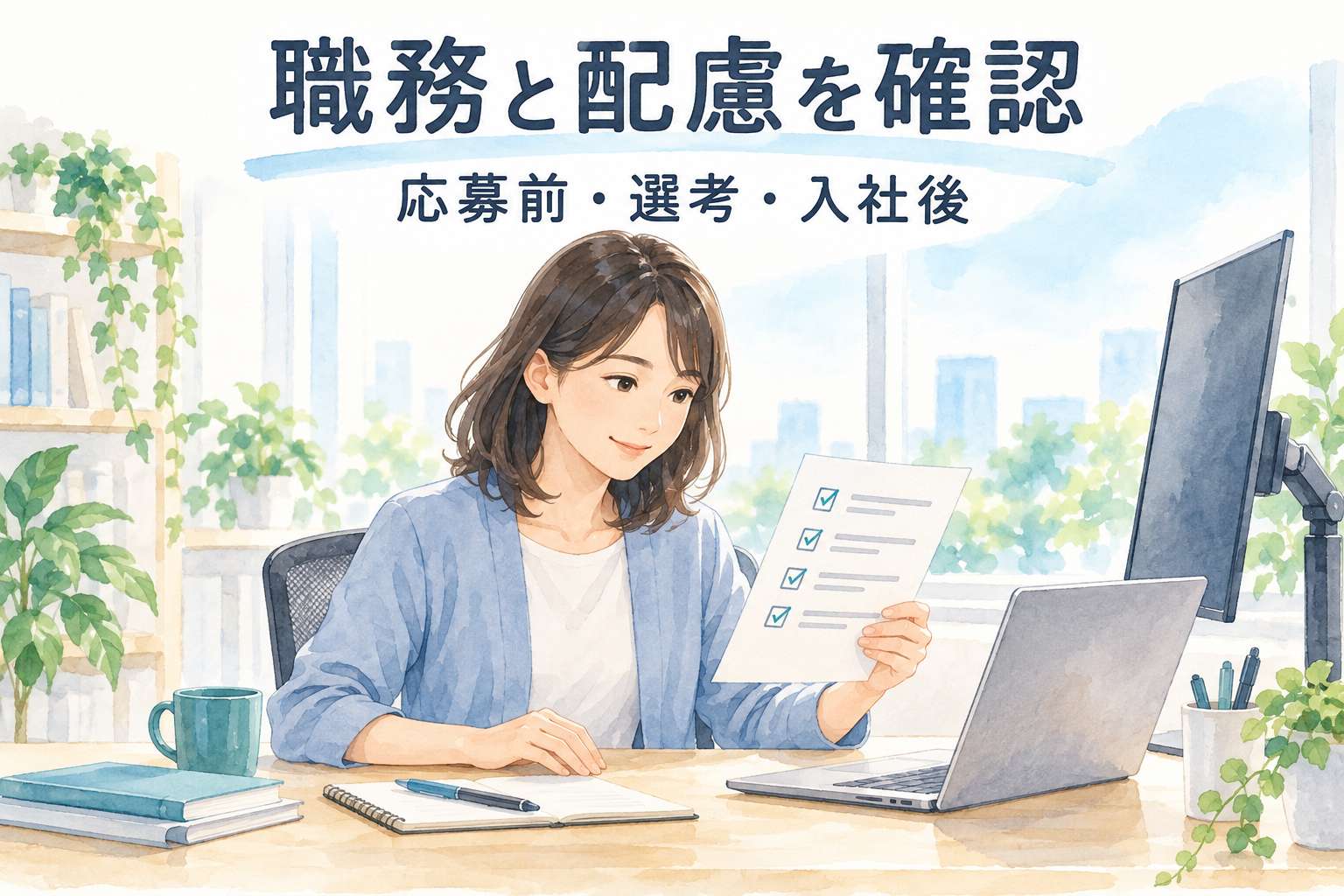 「職務と配慮を確認」「応募前・選考・入社後」の文字と、机でチェックリストを読む女性を描いた、障害のあるエンジニアの転職の水彩イラスト。