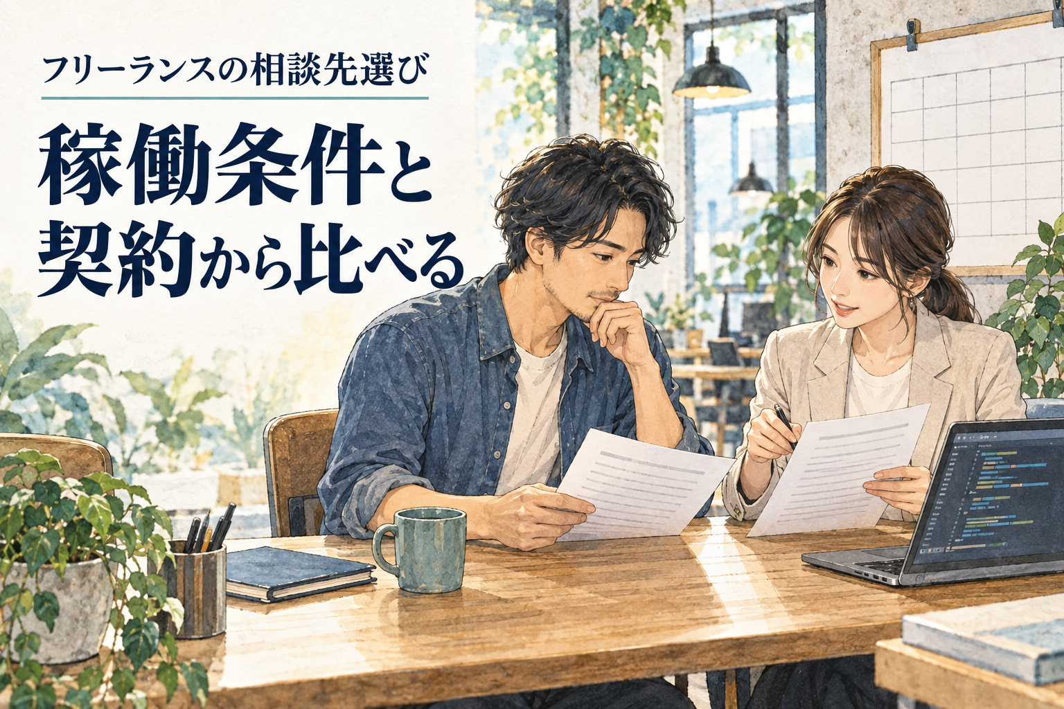 フリーランス エンジニア エージェントの記事画像。共同オフィスで契約資料を確認するフリーランスと担当者。文字は「フリーランスの相談先選び／稼働条件と／契約から比べる」。