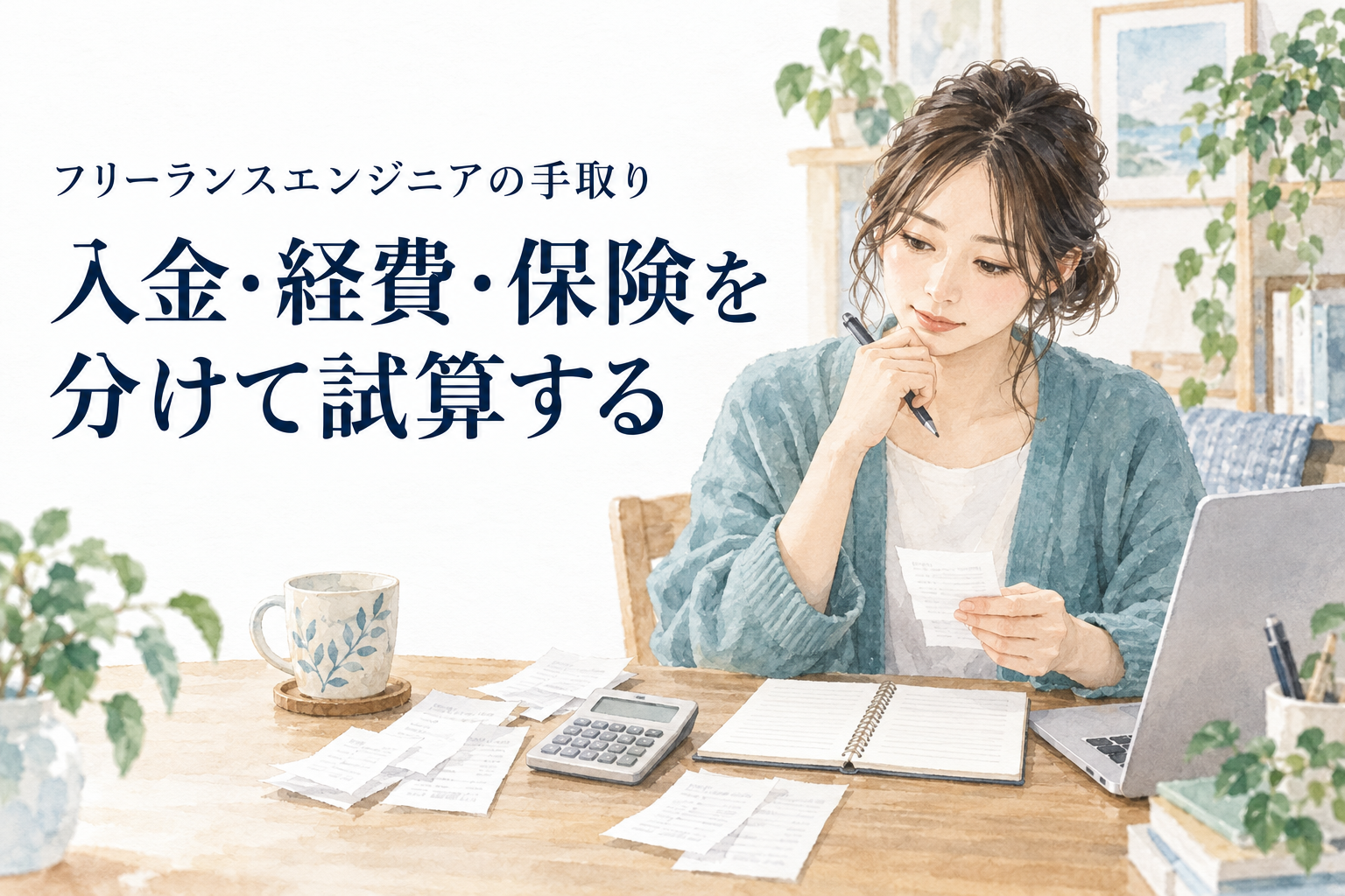 フリーランス エンジニア 手取りの記事画像。領収書と電卓と帳面を使って支出を整理するフリーランス。文字は「フリーランスエンジニアの手取り／入金・経費・保険を／分けて試算する」。