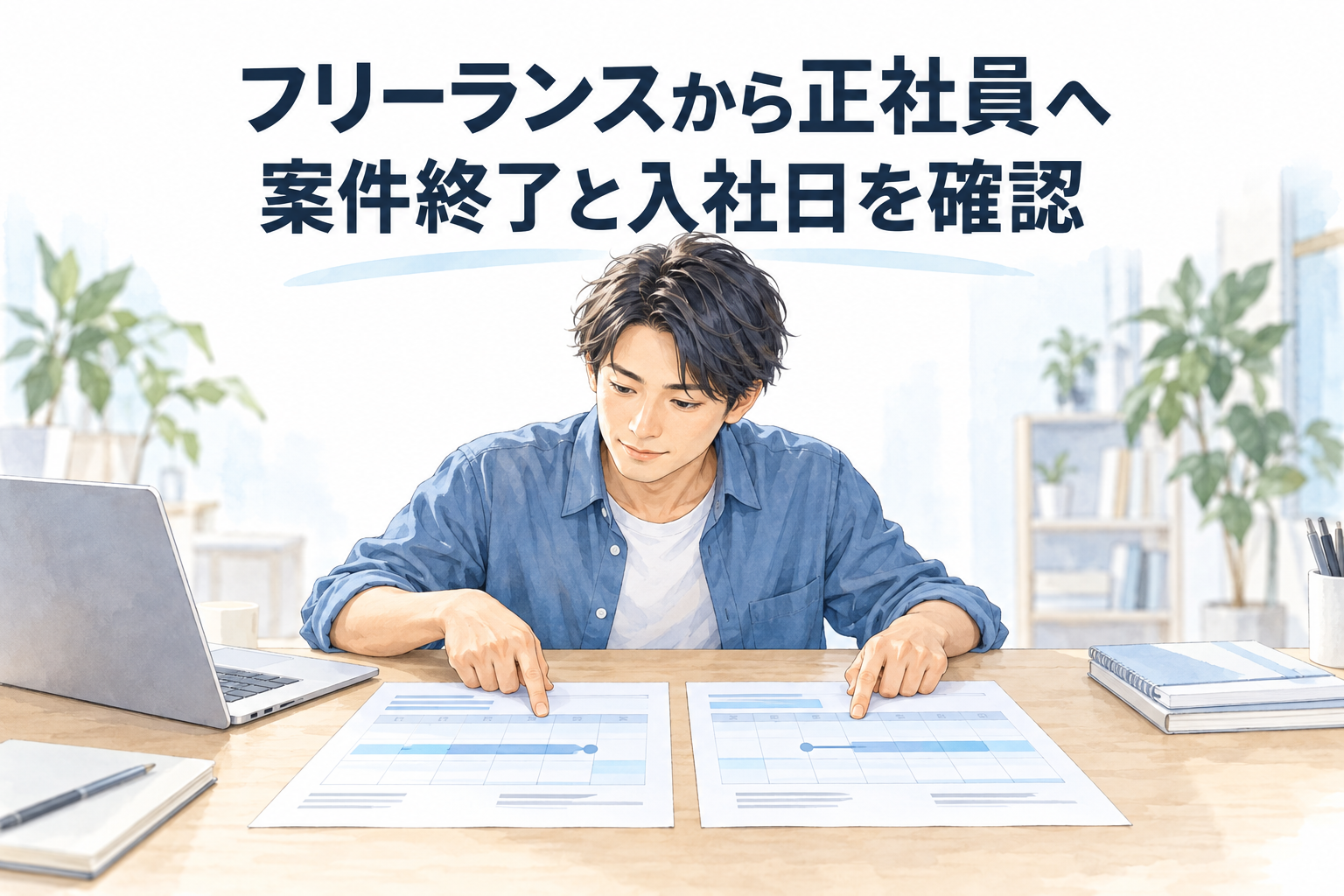 フリーランスエンジニアが正社員に戻る準備。机上の二つの日程表で案件終了と入社日を確認している。