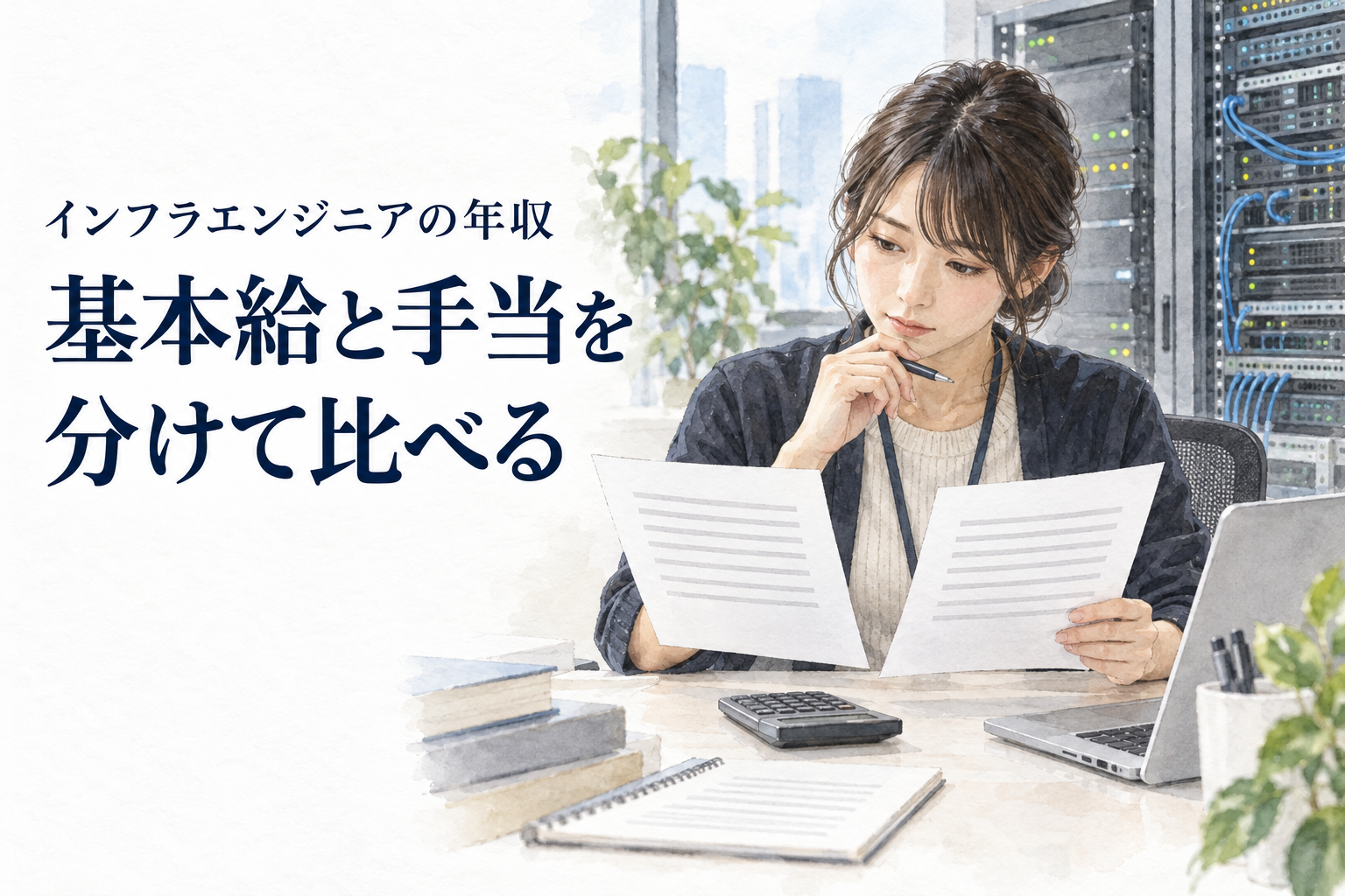インフラエンジニア 年収の記事画像。サーバーラックのある職場で二つの条件書を比較するエンジニア。文字は「インフラエンジニアの年収／基本給と手当を／分けて比べる」。