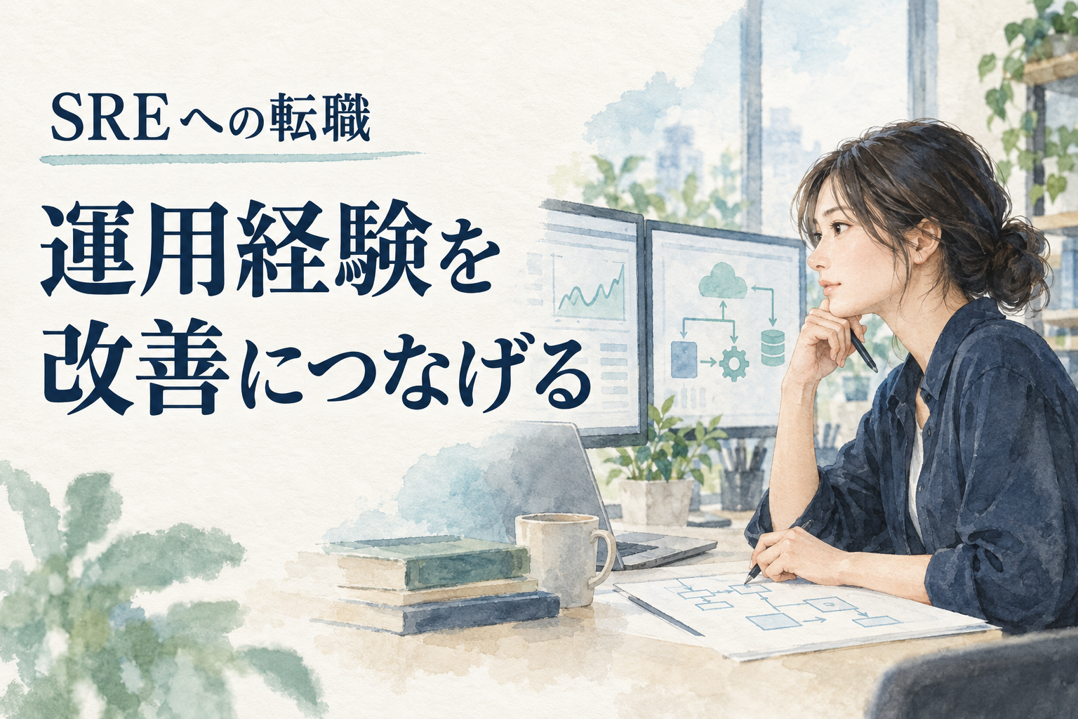 SRE 転職の記事画像。水彩の仕事場面と「SREへの転職／運用経験を改善につなげる」の文字。